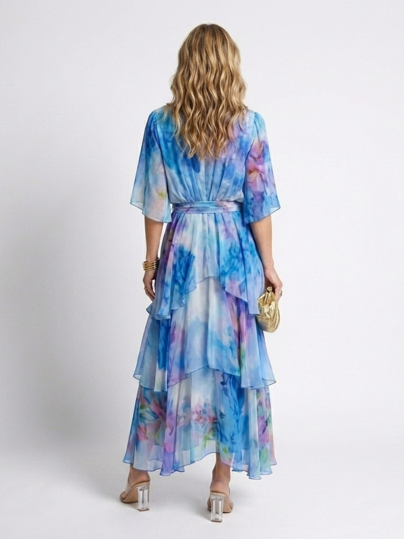 Iris | Vestido largo con cuello en v, capas transparentes y cinturilla atada