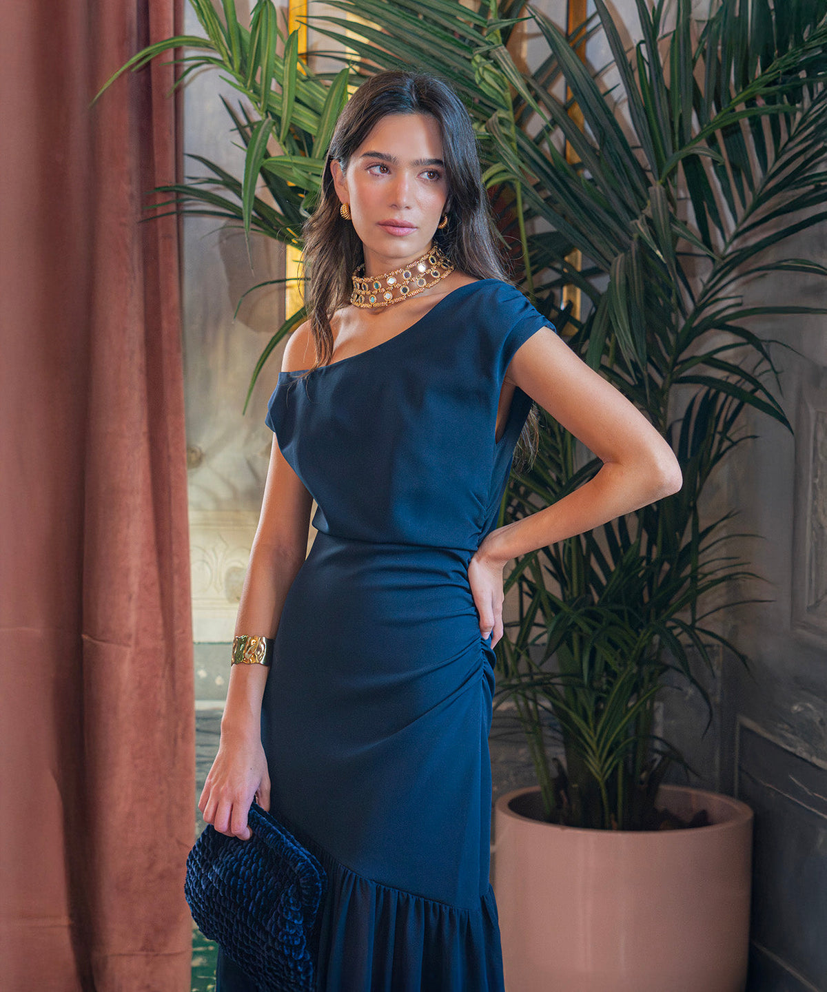 Teresina | Vestido midi asimétrico azul marino