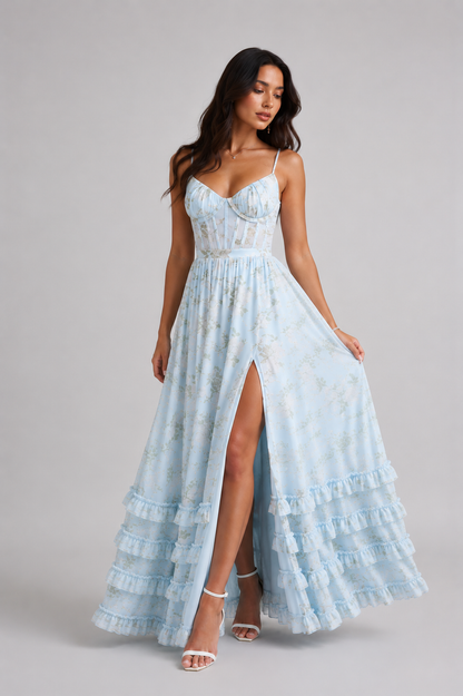 Cesira | Vestido largo con volantes y abertura