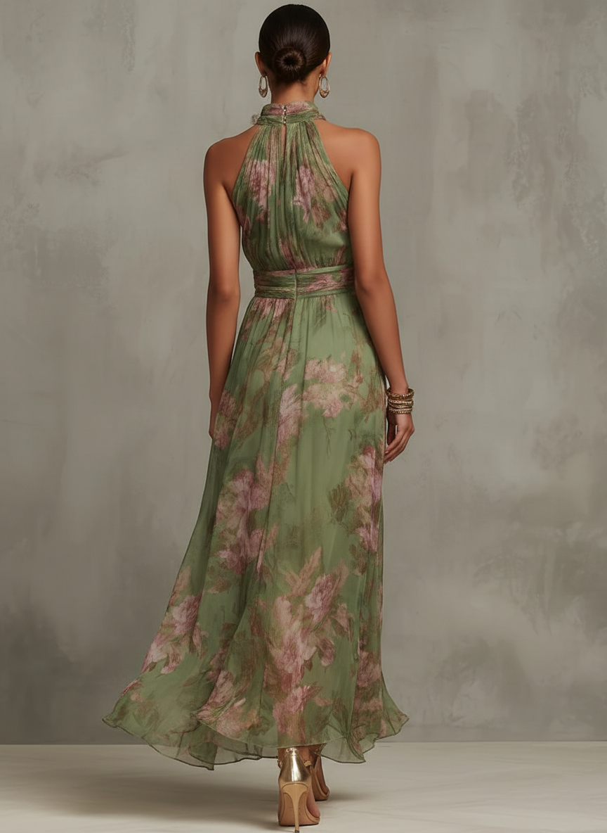 Lidia | Vestido maxi elegante con cuello halter y estampado floral