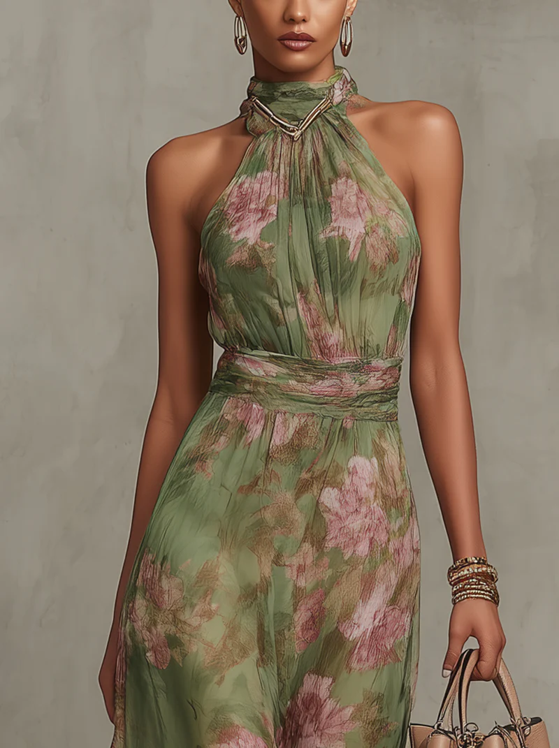 Lidia | Vestido maxi elegante con cuello halter y estampado floral