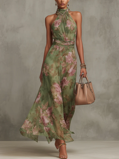 Lidia | Vestido maxi elegante con cuello halter y estampado floral
