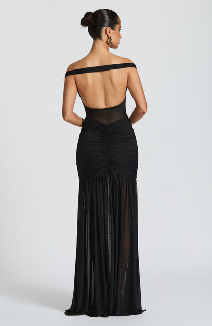 Alaia | Vestido largo de malla con escote Bardot en negro