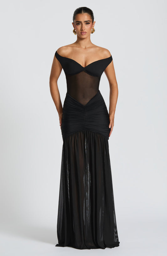 Alaia | Vestido largo de malla con escote Bardot en negro