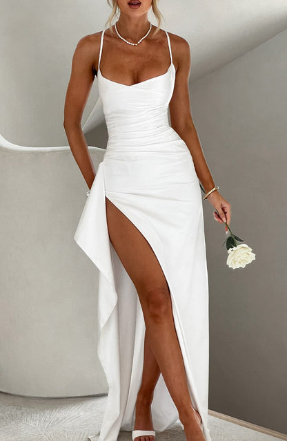 Helen | Vestido largo de satén con escote drapeado