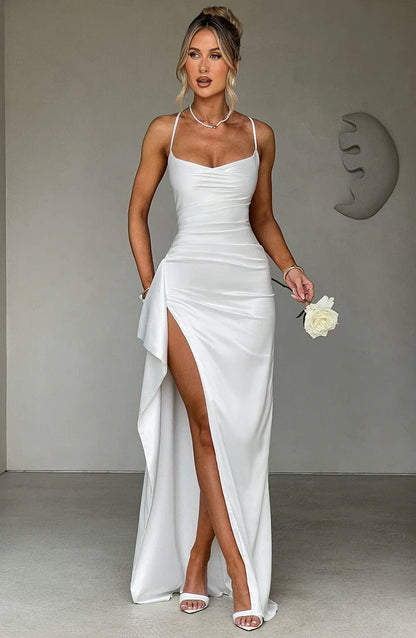 Helen | Vestido largo de satén con escote drapeado