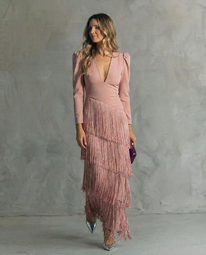 Chiara | Vestido elegante con mangas de flecos
