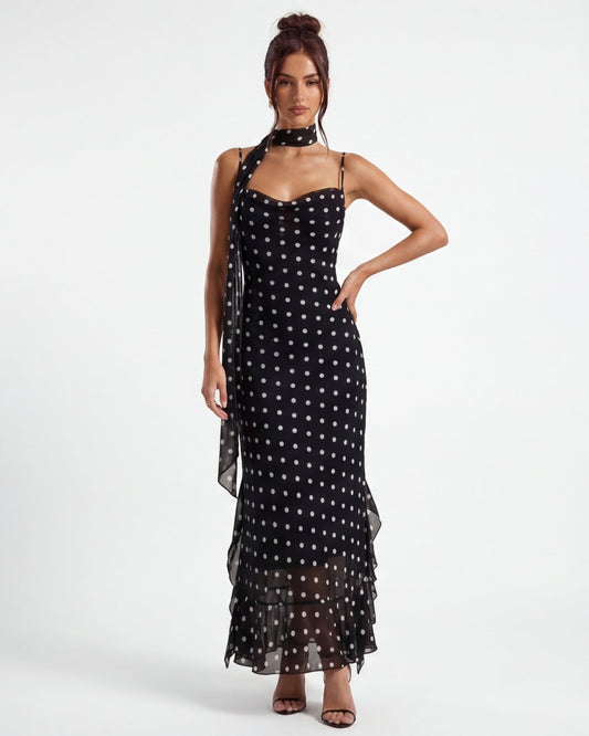 Almudena | Vestido largo con lunares negros