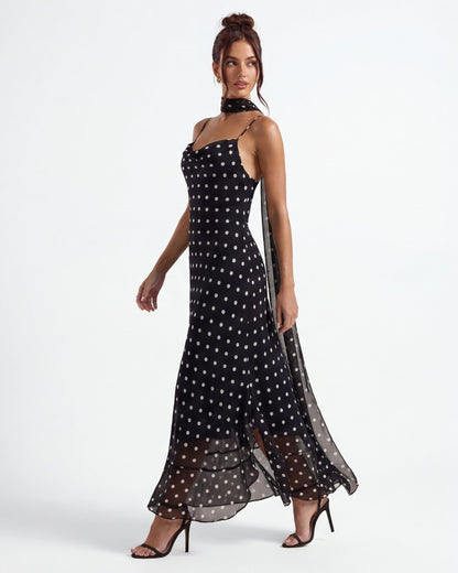 Almudena | Vestido largo con lunares negros