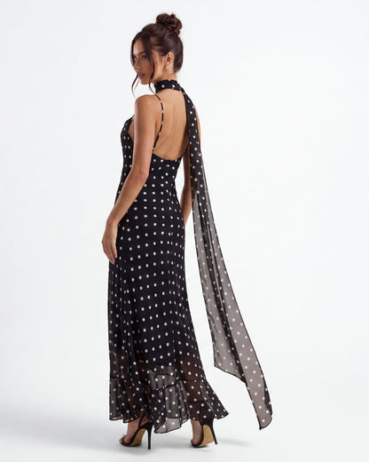 Almudena | Vestido largo con lunares negros