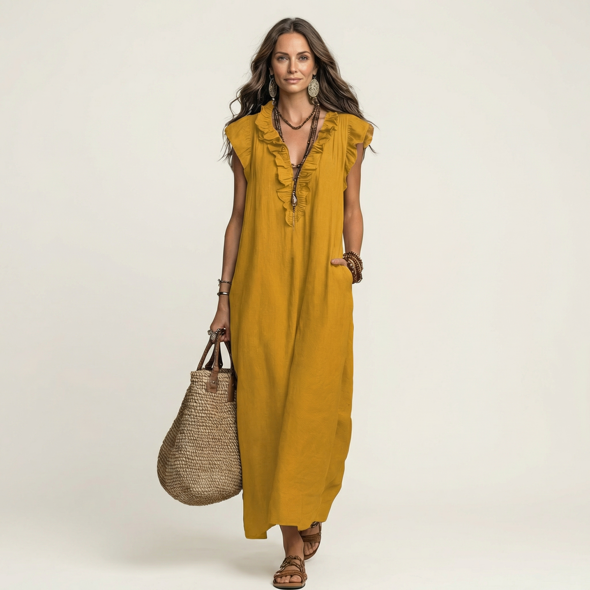 Pia | Vestido largo con volantes y bolsillos
