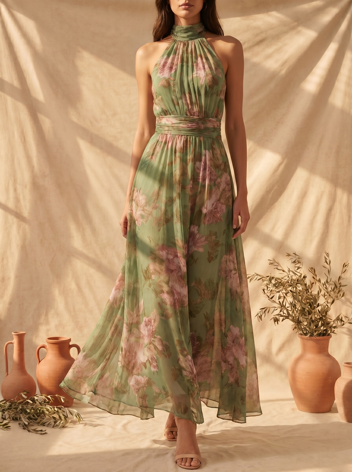 Lidia | Vestido maxi elegante con cuello halter y estampado floral