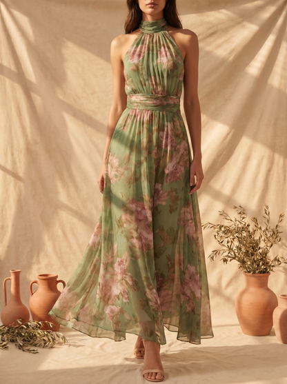 Lidia | Vestido maxi elegante con cuello halter y estampado floral