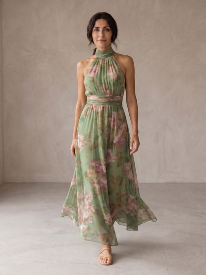 Lidia | Vestido maxi elegante con cuello halter y estampado floral