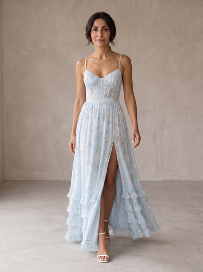 Cesira | Vestido largo con volantes y abertura