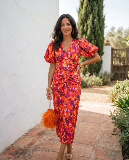 Carla | Vestido midi floral con mangas abullonadas