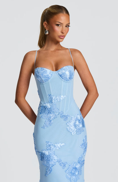 Nancy | Vestido largo de malla floral en azul