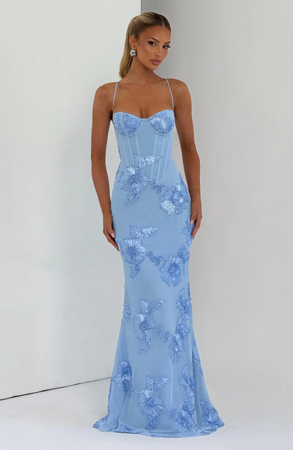 Nancy | Vestido largo de malla floral en azul