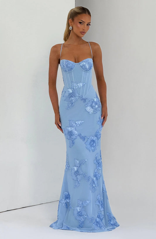 Nancy | Vestido largo de malla floral en azul
