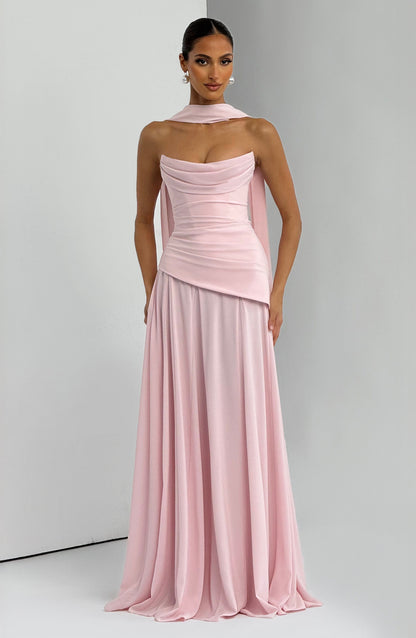 Patricia | Vestido largo de gasa con escote drapeado en rosa