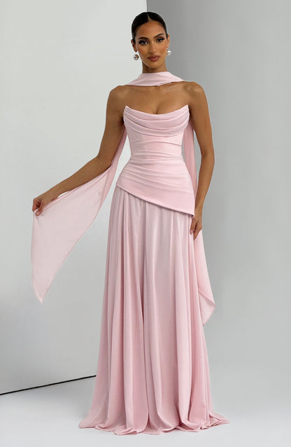 Patricia | Vestido largo de gasa con escote drapeado en rosa