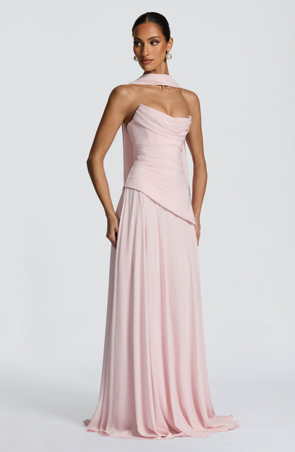 Patricia | Vestido largo de gasa con escote drapeado en rosa