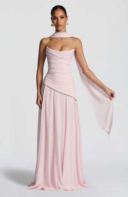 Patricia | Vestido largo de gasa con escote drapeado en rosa