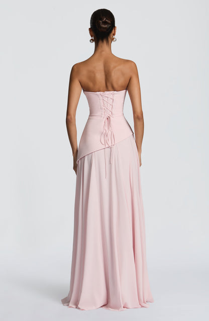Patricia | Vestido largo de gasa con escote drapeado en rosa