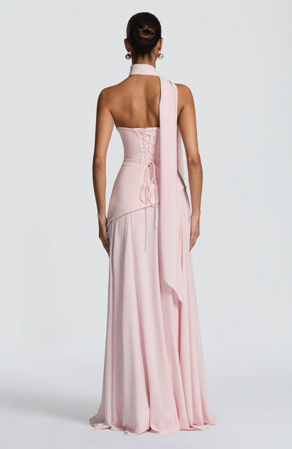 Patricia | Vestido largo de gasa con escote drapeado en rosa