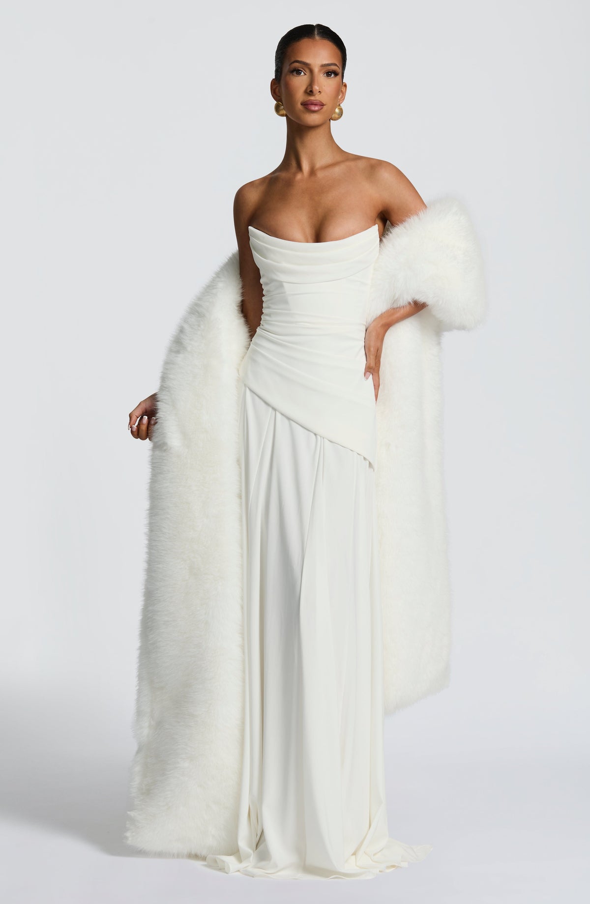 Patricia | Vestido largo de gasa con escote drapeado en marfil