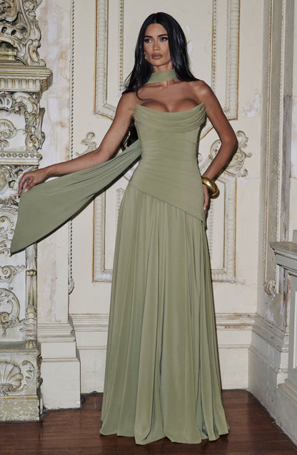 Patricia | Vestido largo de gasa con escote drapeado en verde oliva