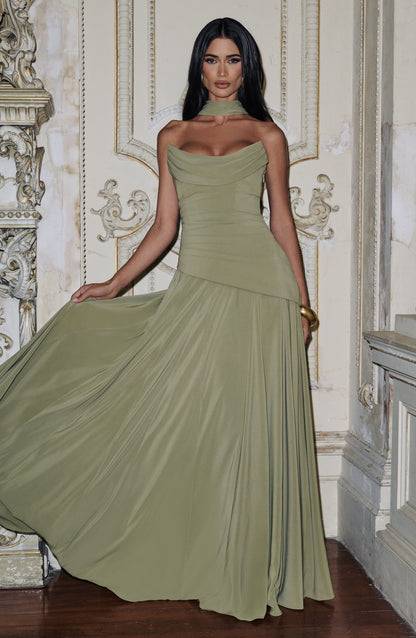 Patricia | Vestido largo de gasa con escote drapeado en verde oliva