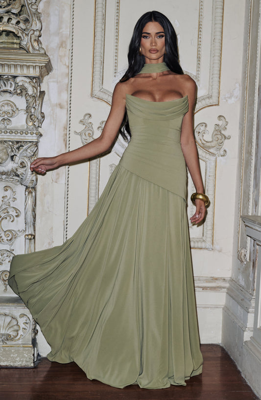 Patricia | Vestido largo de gasa con escote drapeado en verde oliva