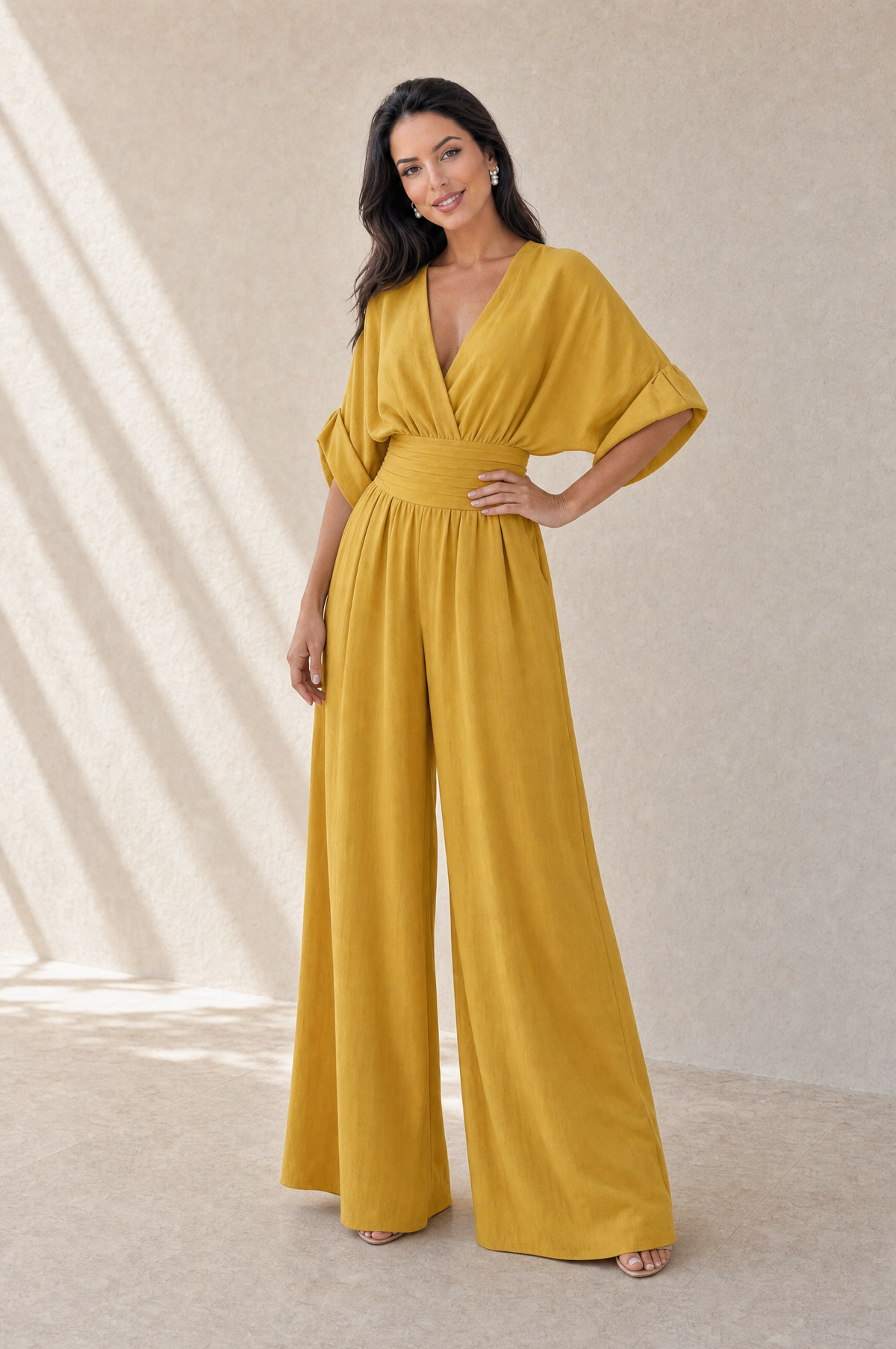 Josefina jumpsuit en amarillo con modelo Sol Montiel