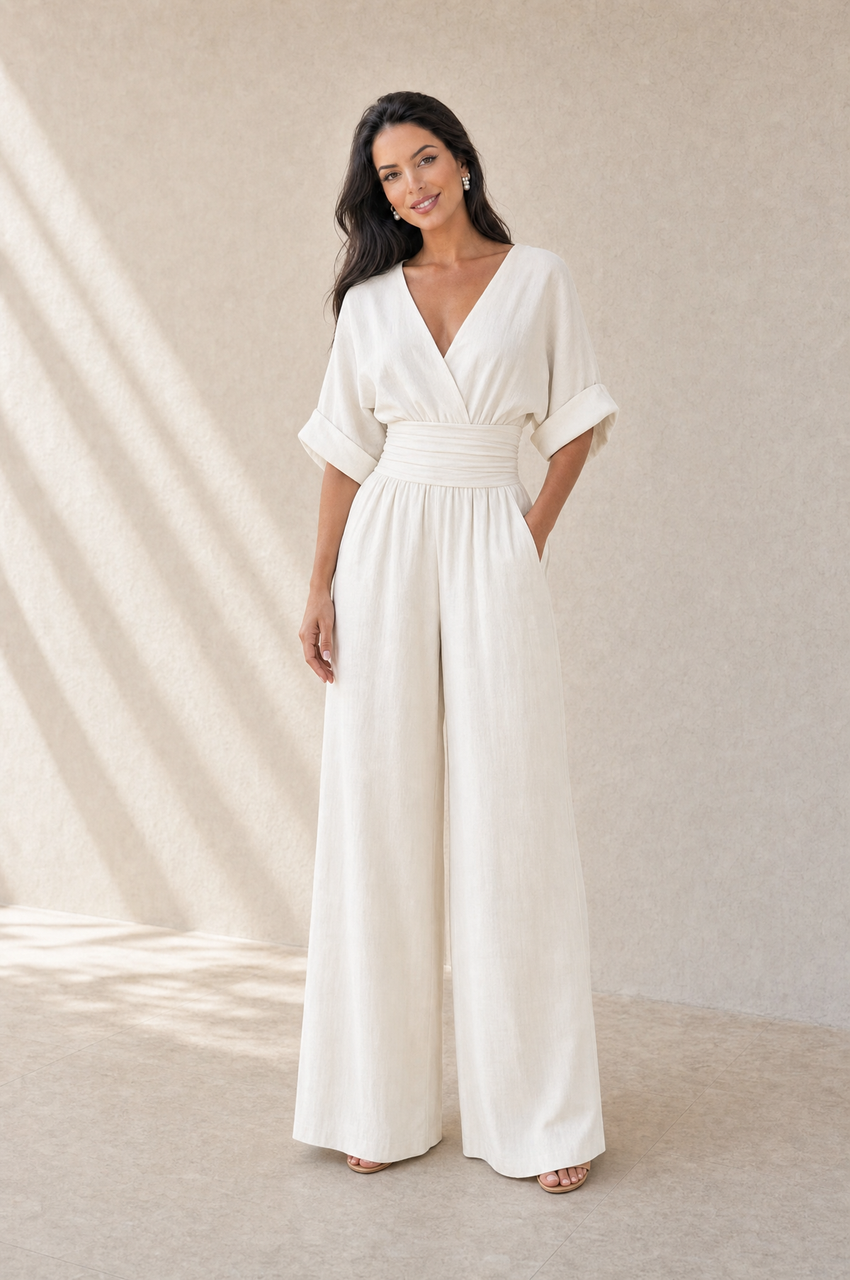 Josefina jumpsuit en blanco con modelo Sol Montiel