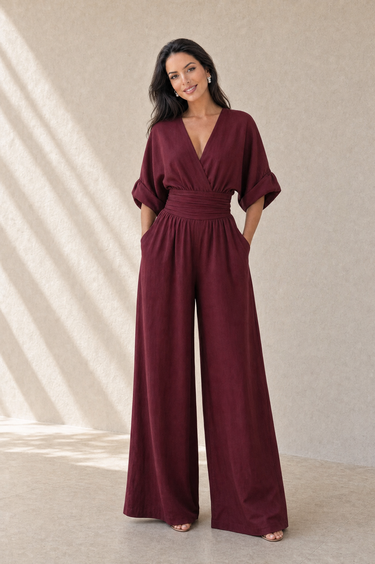Josefina jumpsuit en rojo con modelo Sol Montiel
