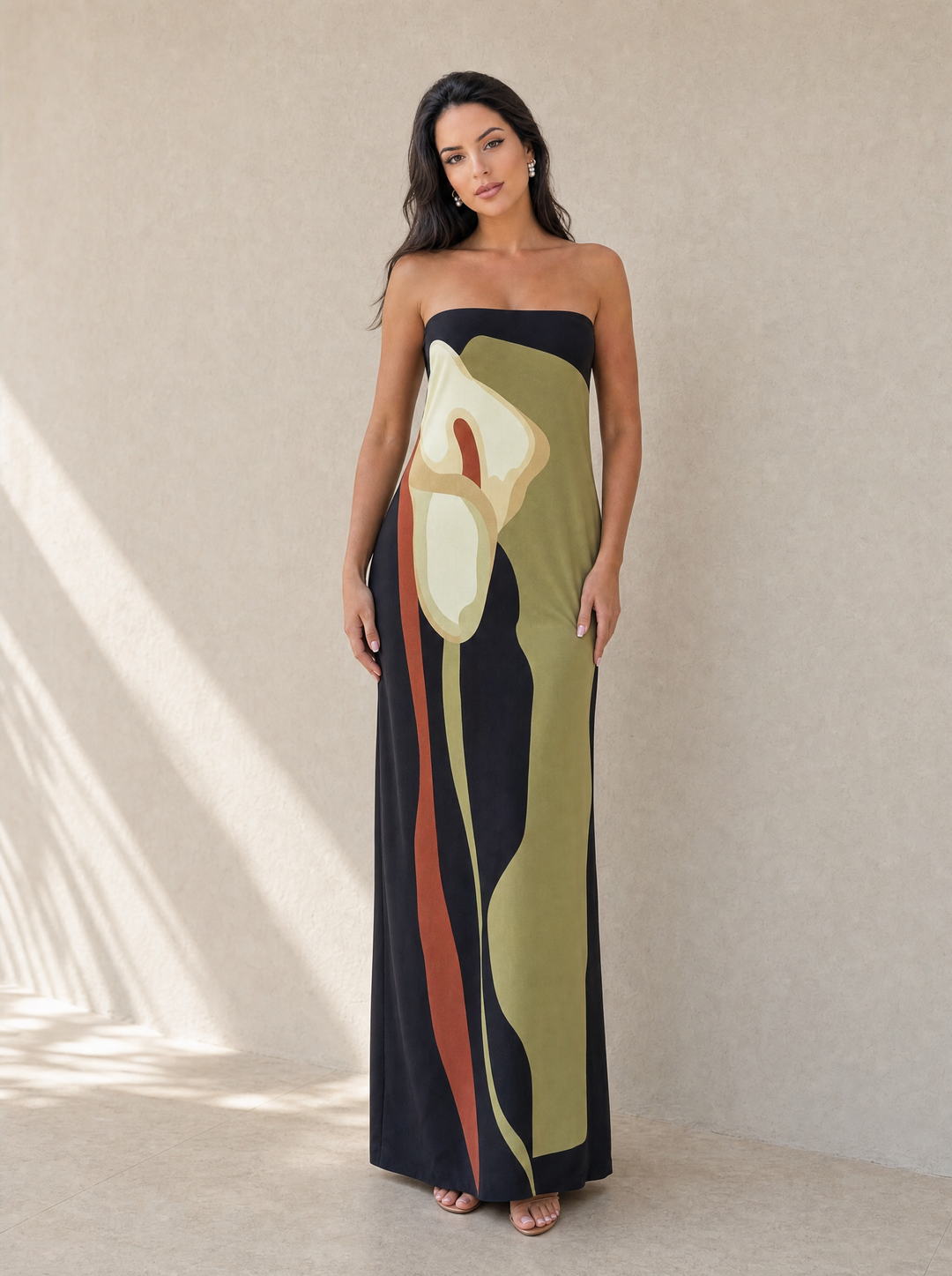 Karla | Vestido largo estampado con hombros descubiertos