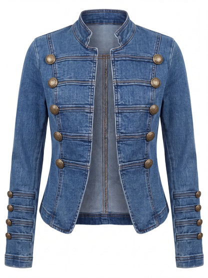 Chaqueta Valentina de mezclilla azul estilo militar, vista frontal sobre fondo blanco.