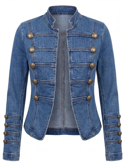 Chaqueta Valentina de mezclilla azul estilo militar, vista frontal sobre fondo blanco.