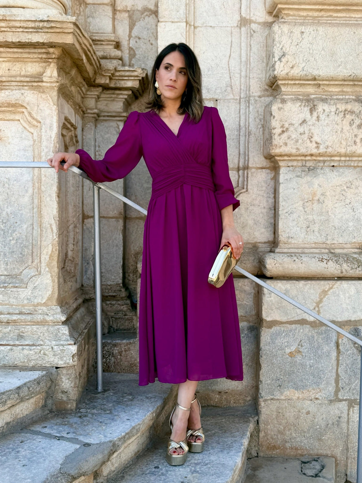 Isabela | Vestido midi plisado buganvilla