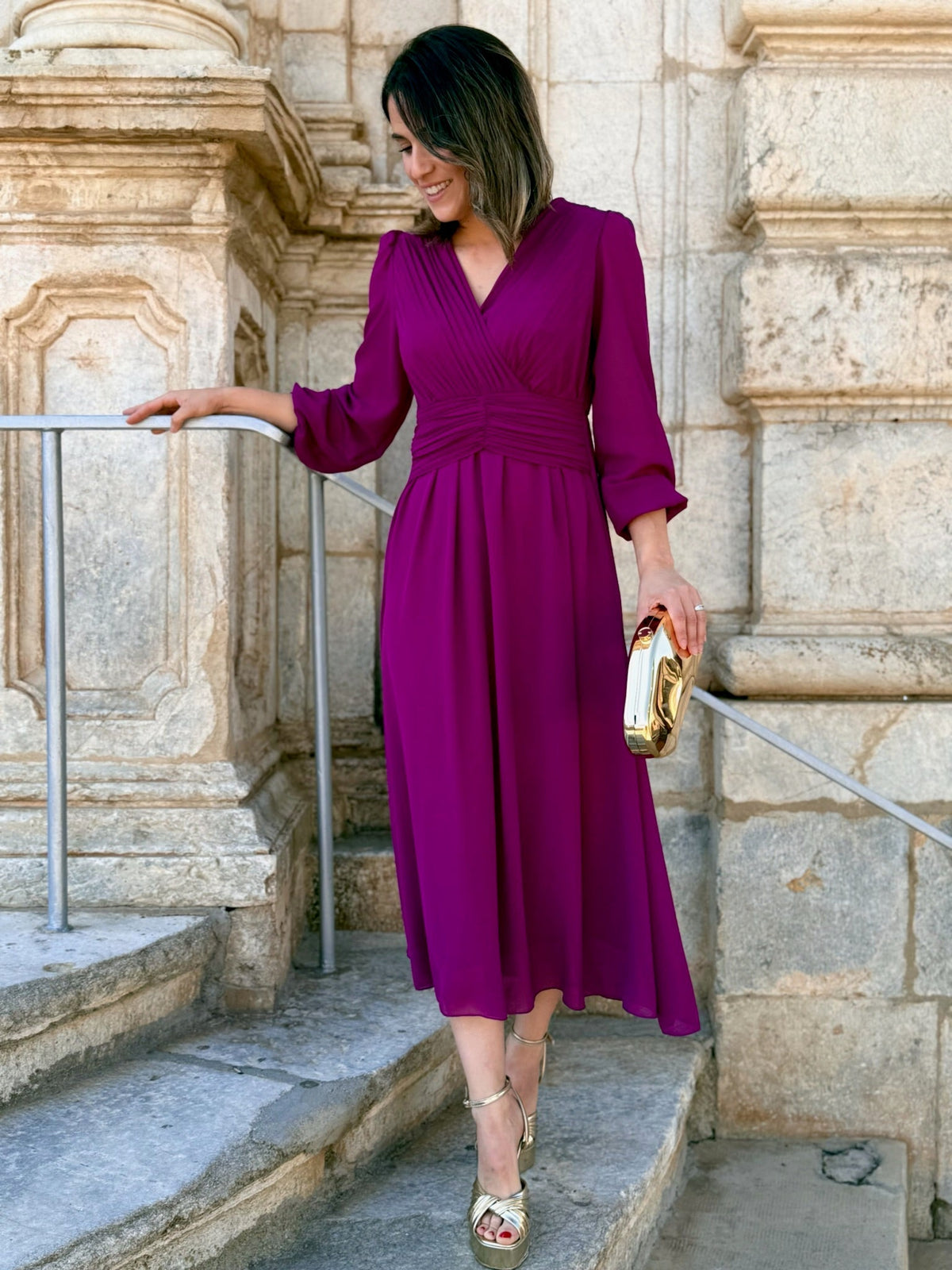 Isabela | Vestido midi plisado buganvilla