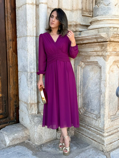 Isabela | Vestido midi plisado buganvilla