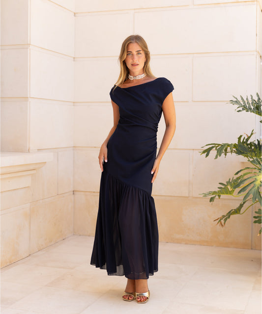 Teresina | Vestido midi asimétrico azul marino