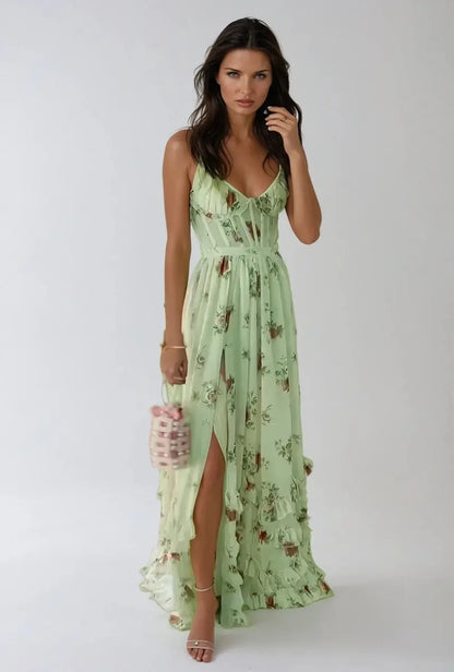 Cesira | Vestido largo con volantes y abertura